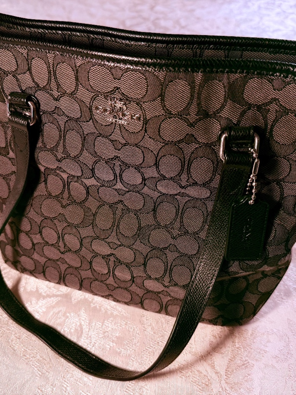 Coach Outline Signature Zip Top Tote Smoke Brown Silver Hardware Purse